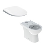 Stojąca miska WC Selnova do spłuczki nasadzanej, lejowa, B35.5 cm, H40 cm, T66 cm, częściowo ukryte mocowania, odpływ uniwersalny, Rimfree Deska sedesowa WC wolnoopadająca Selnova mocowanie od góry, antybakteryjna biała